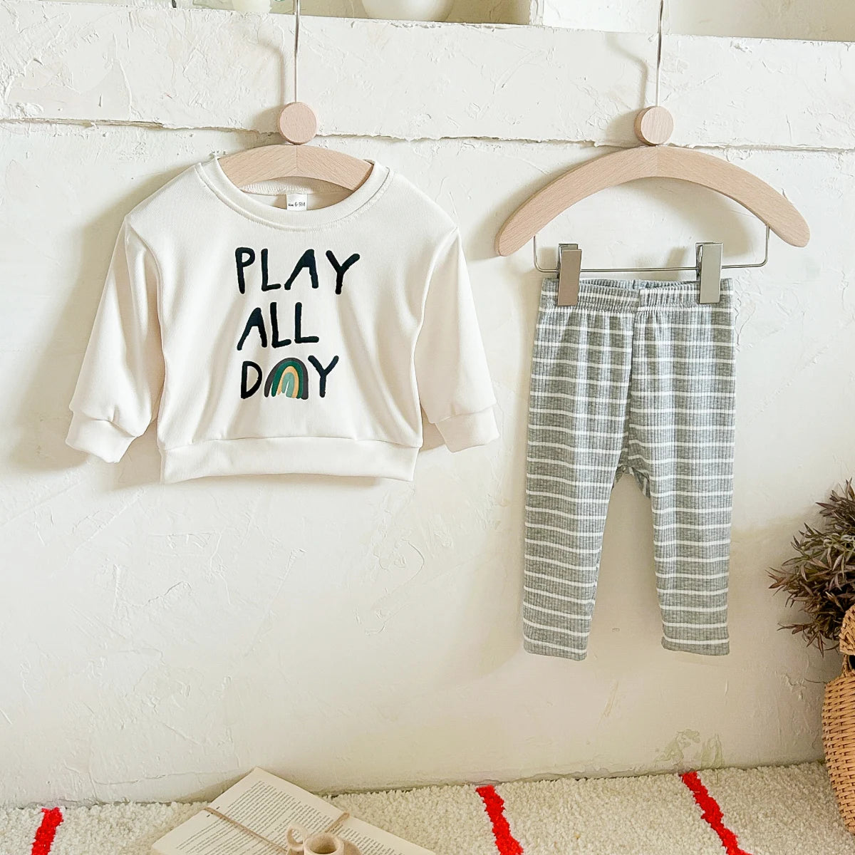 Baby Toddler Boys Girls 2Pcs Play All Day Words Letters Rainbow Print Pullover Top + Striped Pants Outfit Set