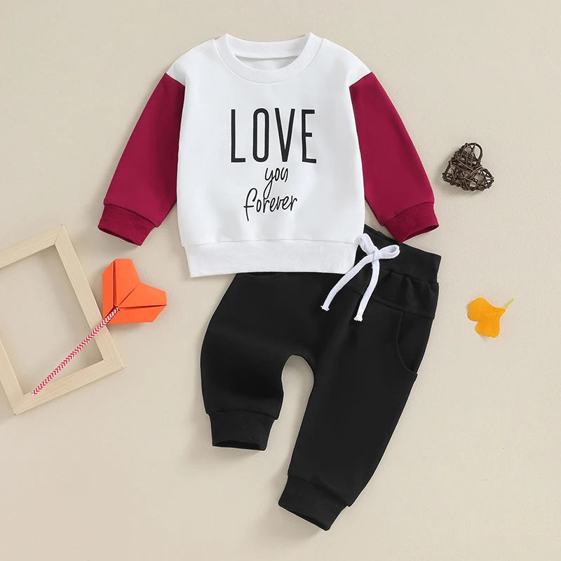 Toddler Baby Boy Girl 2Pcs Valentine's Day Outfit Letter Love You Forever Long Sleeve Top Stretch Jogger Pants Clothes Set