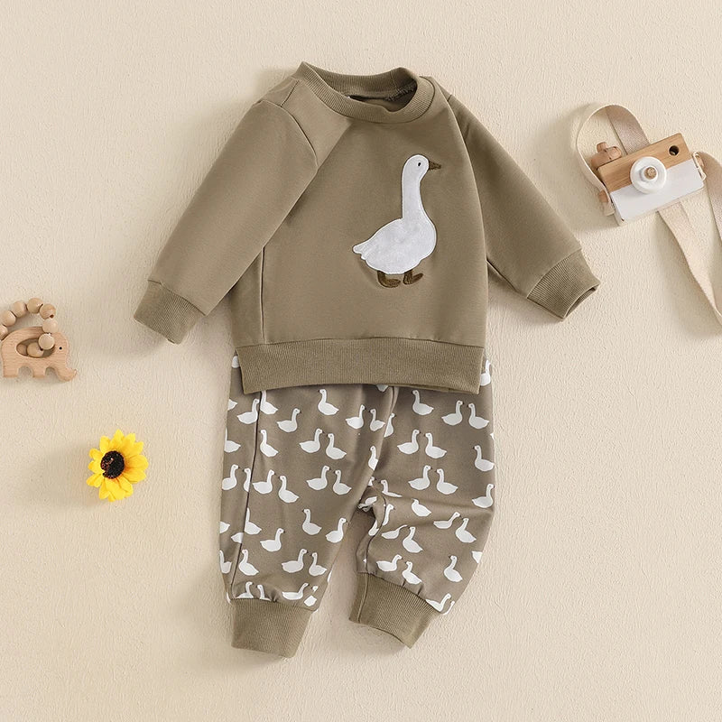 Baby Toddler Boys 2Pcs Fall Outfit Long Sleeve Duck Bird Goose Embroidery Pullover Top Elastic Band Pants Jogger Set