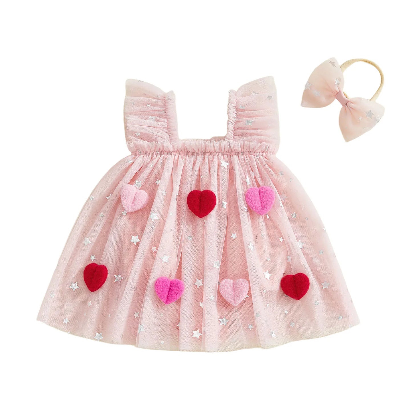 Baby Girl 2Pcs Valentine's Day Romper Dress Flying Sleeve Heart Decor Tulle Patchwork Romper with Headband Set