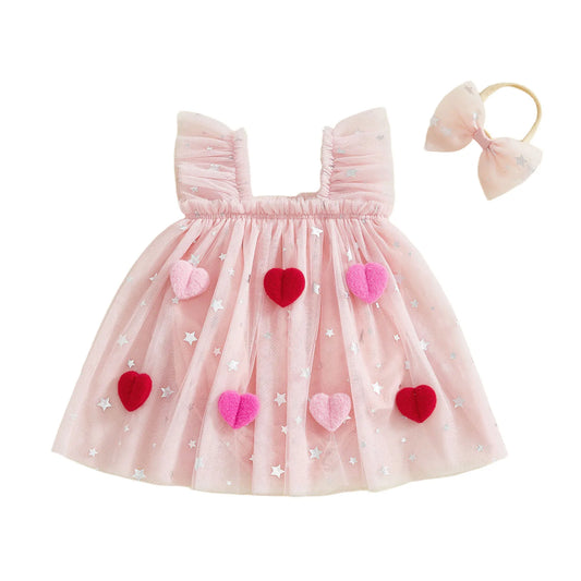 Baby Girl 2Pcs Valentine's Day Romper Dress Flying Sleeve Heart Decor Tulle Patchwork Romper with Headband Set