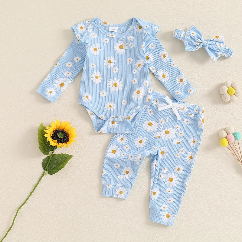 Baby Girls 3Pcs Fall Outfit Daisy Flower Print Long Sleeve Romper with Long Pants and Headband Set