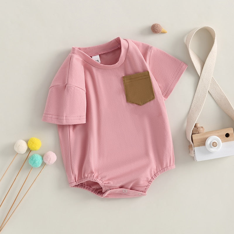 Infant Baby Boy Girl Summer Bodysuit Solid Short Short Sleeve Jumpsuit with Pocket Outfit Bubble Romper