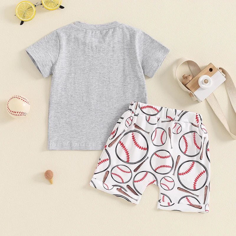 Baby Toddler Boys 2Pcs Eat Sleep Baseball Repeat Outfit Baseball Letter Print Short Sleeve Top and Elastic Shorts Clothes Set