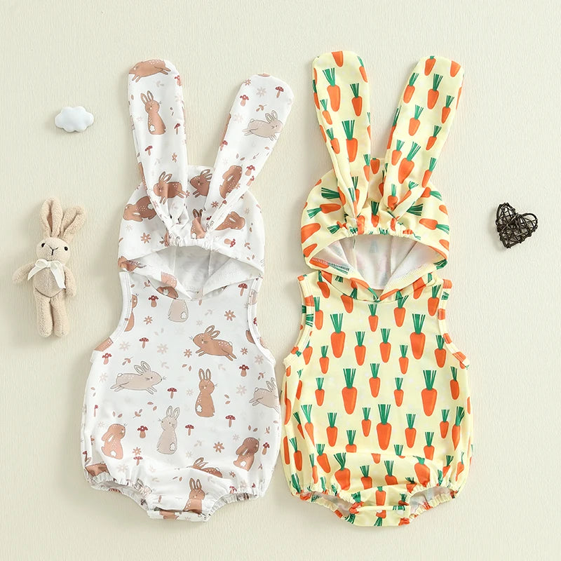 Baby Girls Boys Easter Romper Carrot / Bunny Print Sleeveless Tank Rabbit Ears Hooded Jumpsuit