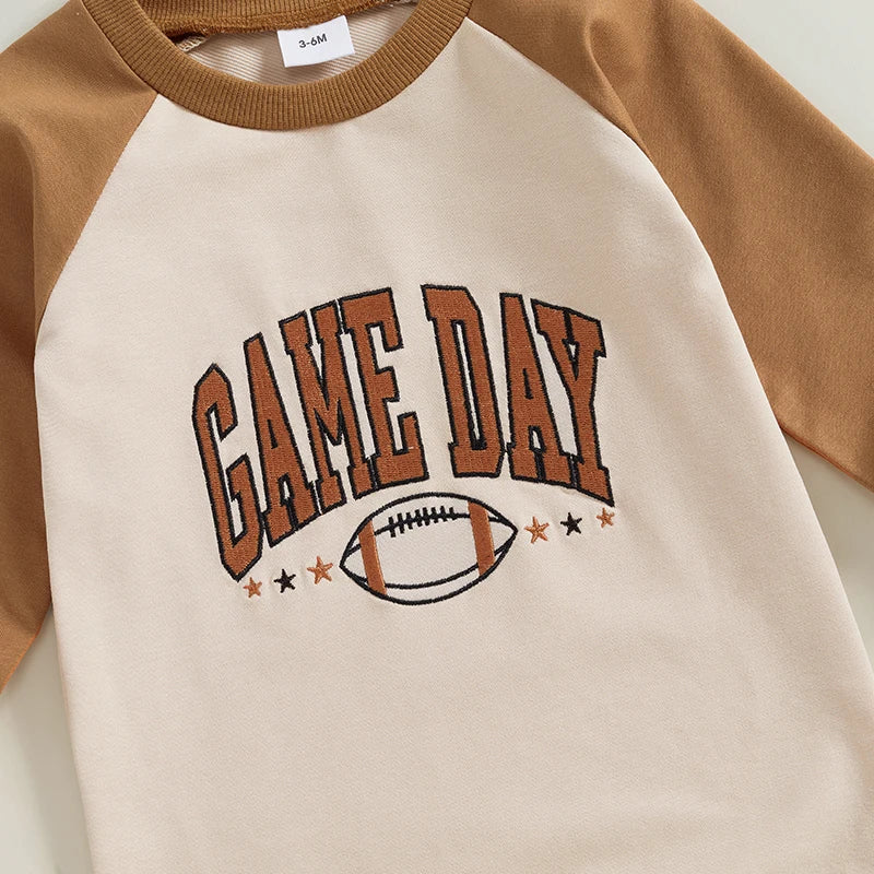 Baby Boys Fall Game Day Jumpsuit Long Sleeve Round Neck Football Letter Print Romper Footless