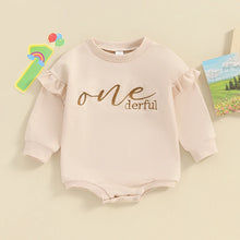 Load image into Gallery viewer, Baby Girl Birthday Long Sleeve Crew Neck Ruffle Sleeve Onederful Letter Romper One Year Old Bodysuit
