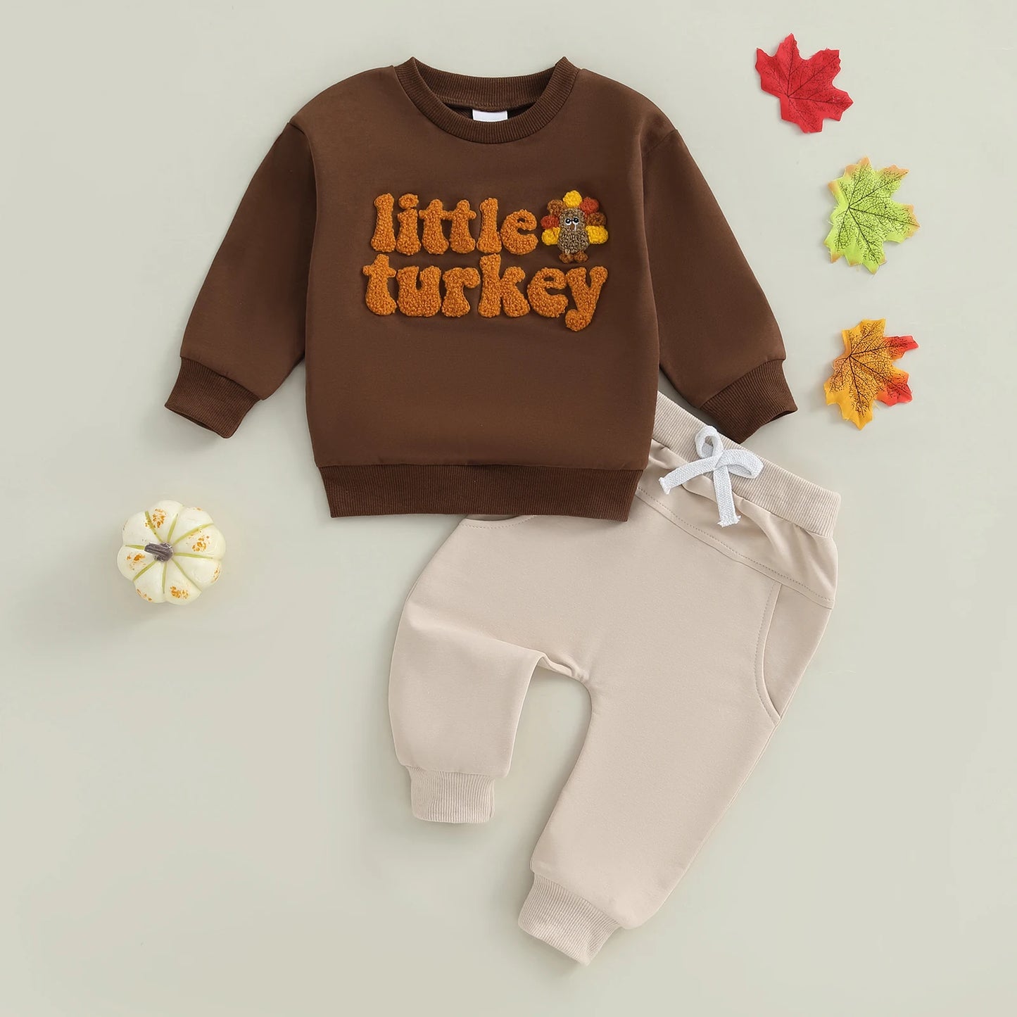 Baby Toddler Boy 2Pcs Little Turkey Thanksgiving Outfit Letter Turkey Embroidery Long Sleeve O-Neck Pullover + Elastic Waist Solid Pants Jogger Set