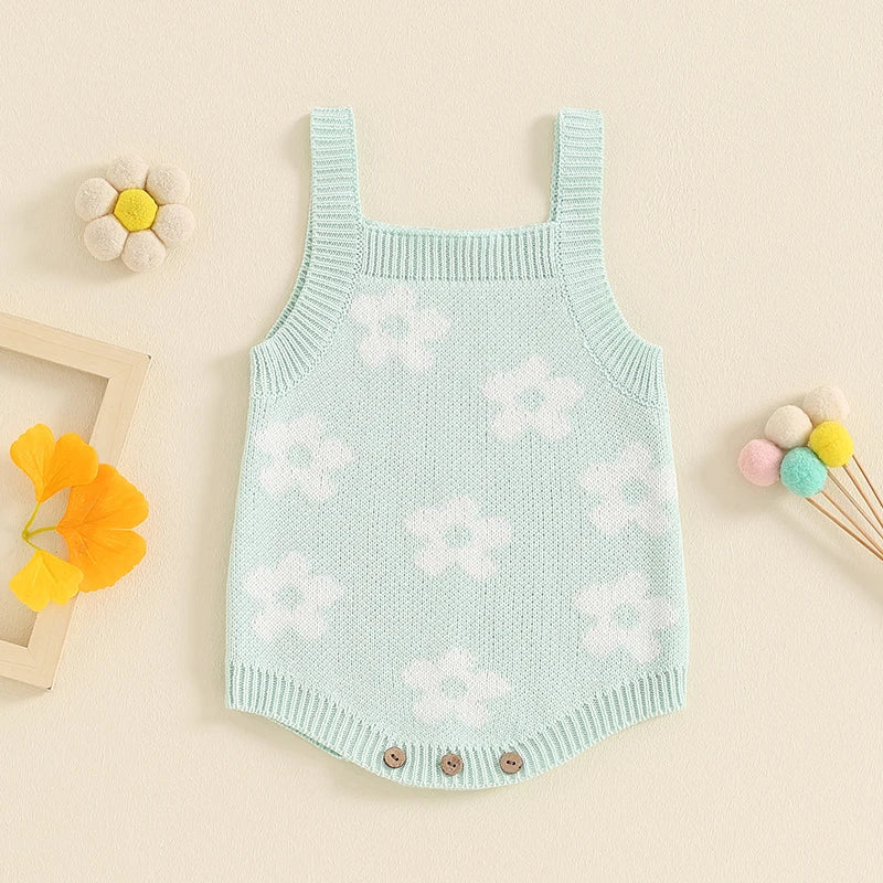 Baby Girl Summer Knit Romper Casual Floral Print Sleeveless Jumpsuit