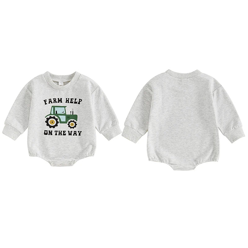 Baby Boy Farm Help On The Way Romper Casual Farm Tractor Print Long Sleeve Jumpsuit