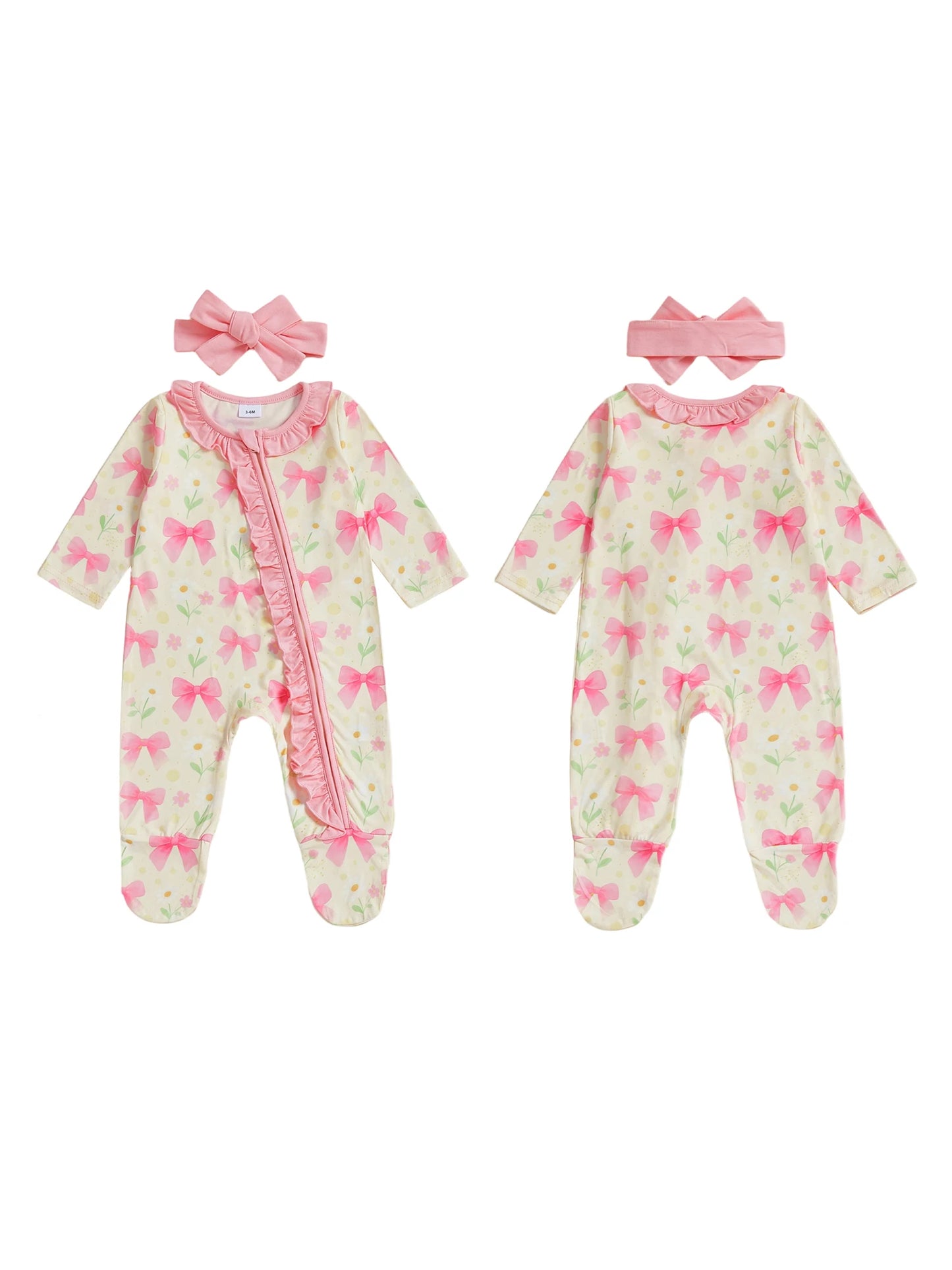 Baby Girl 2Pcs Pink Romper Set with Matching Headband Long Sleeves Floral Bow Print and Ruffled Details - Zip Up Jumpsuit Zipper Romper