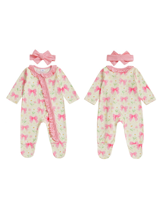 Baby Girl 2Pcs Pink Romper Set with Matching Headband Long Sleeves Floral Bow Print and Ruffled Details - Zip Up Jumpsuit Zipper Romper
