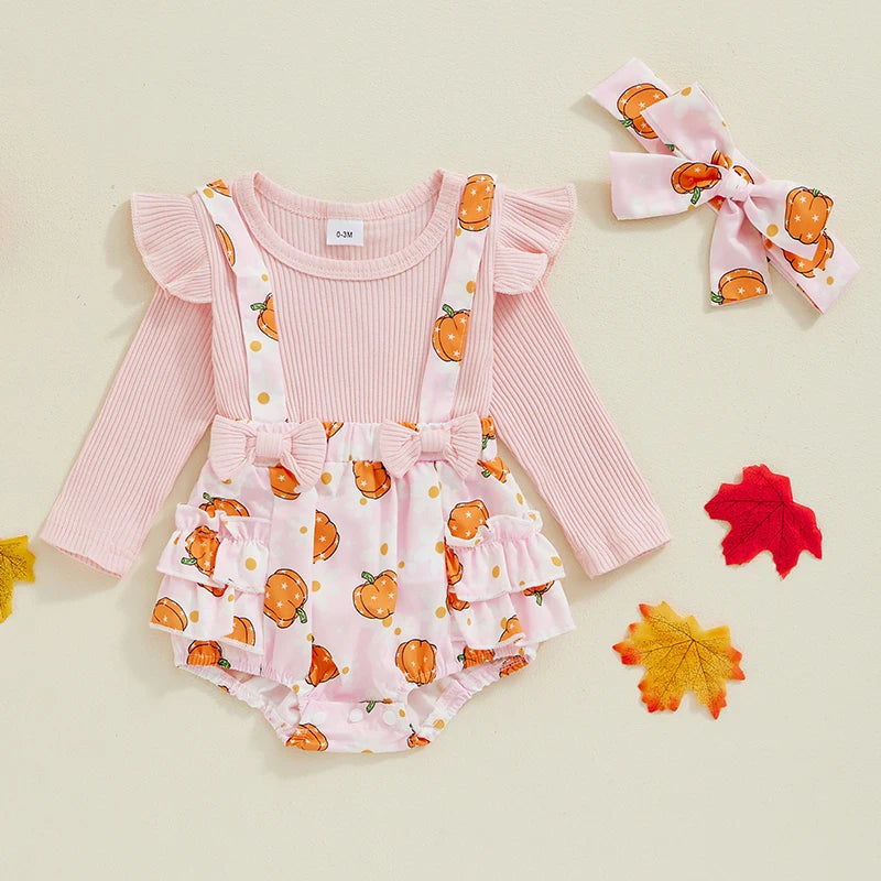 Baby Girls 2Pcs Halloween Romper Long Sleeve Pumpkin Print Ruffled Hem Jumpsuit with Headband Set