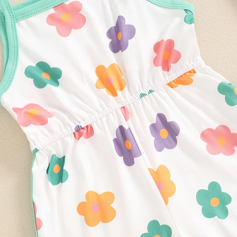 Baby Toddler Girls Summer Jumpsuit Sleeveless Tie Strap Tank Top Elastic Waist Floral Flower Print Romper Shorts Playsuit