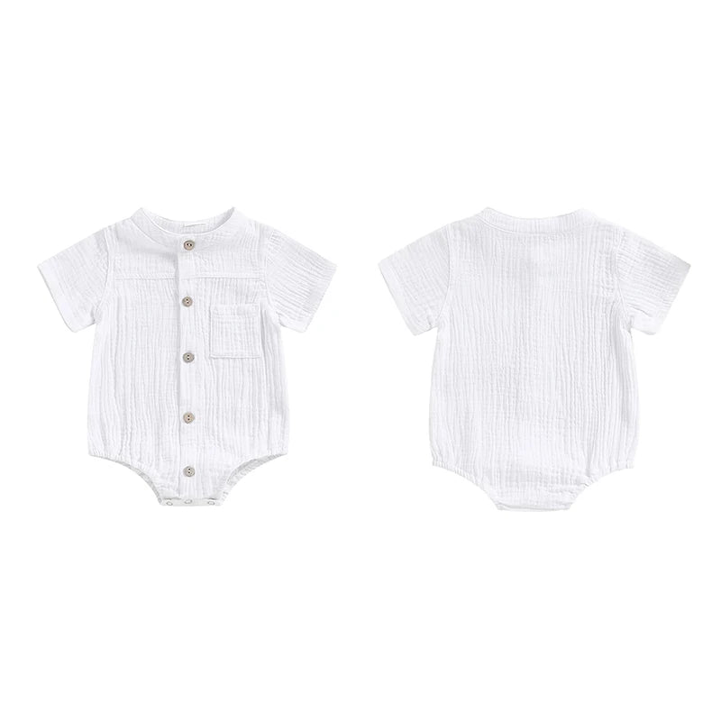 Baby Boy Romper Casual Button Down Round Neck Short Sleeve Jumpsuit