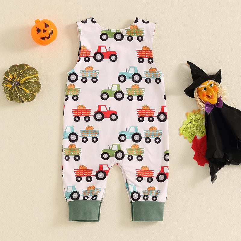 Baby Boys Jumpsuit Sleeveless Crew Neck Pocket Pumpkin Tractor Print Romper Halloween Jumpsuit