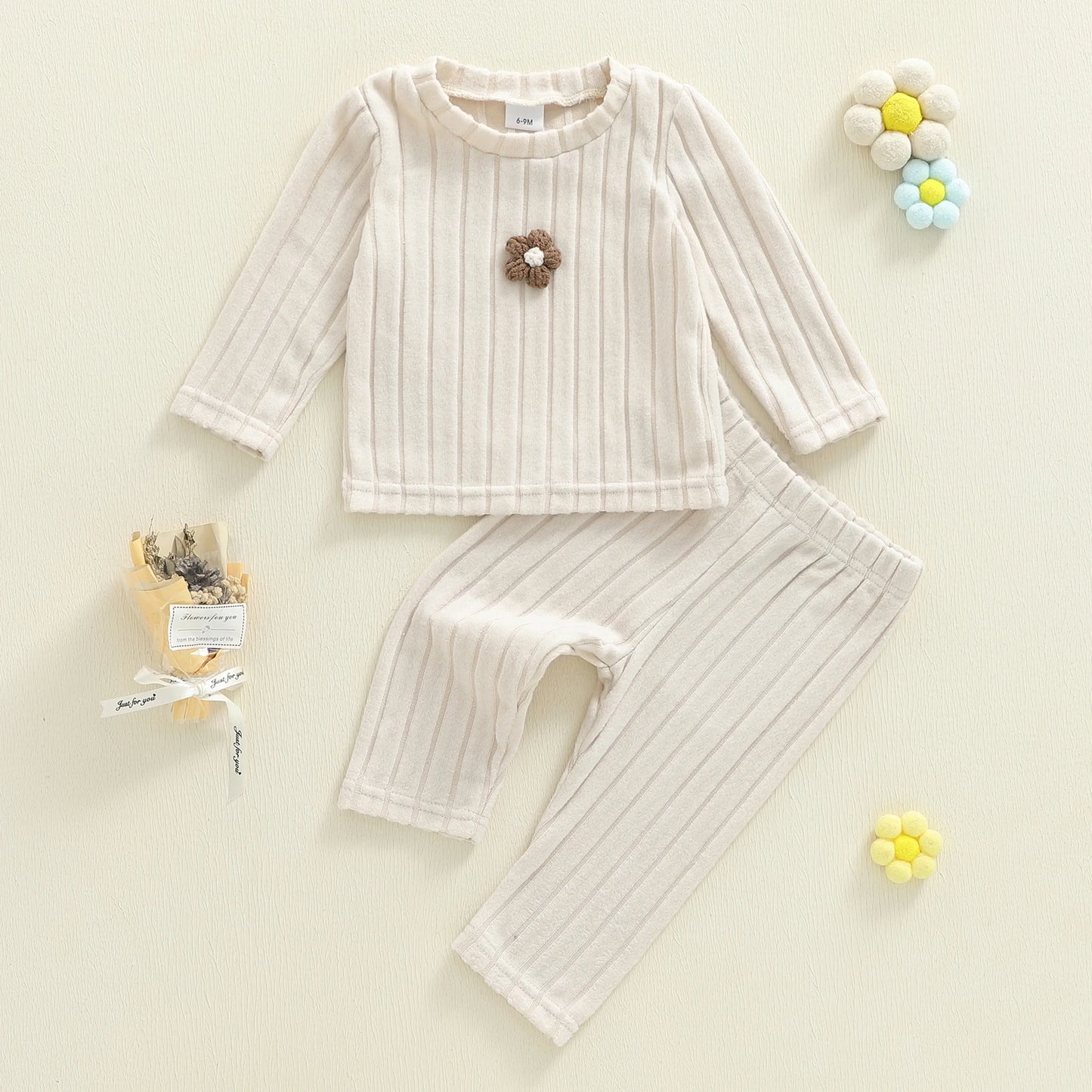 Baby Toddler Girls 2Pcs Clothing Set Long Sleeve Flower Top with Solid Color Pants Outfit