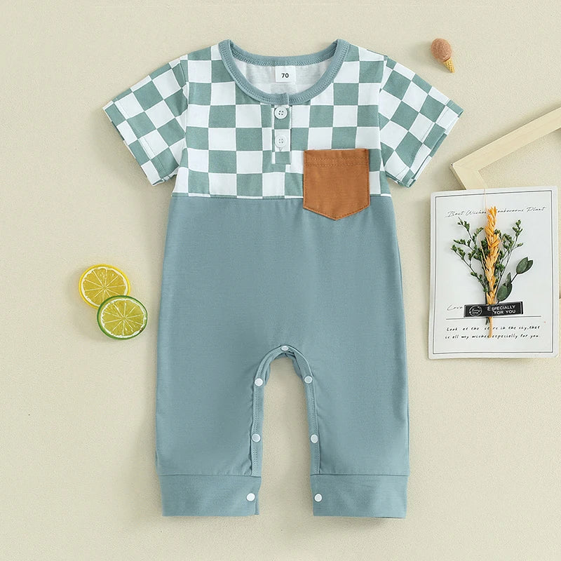 Baby Boys Romper Short Sleeve Crew Neck Checkerboard Print Pocket Casual Jumpsuit