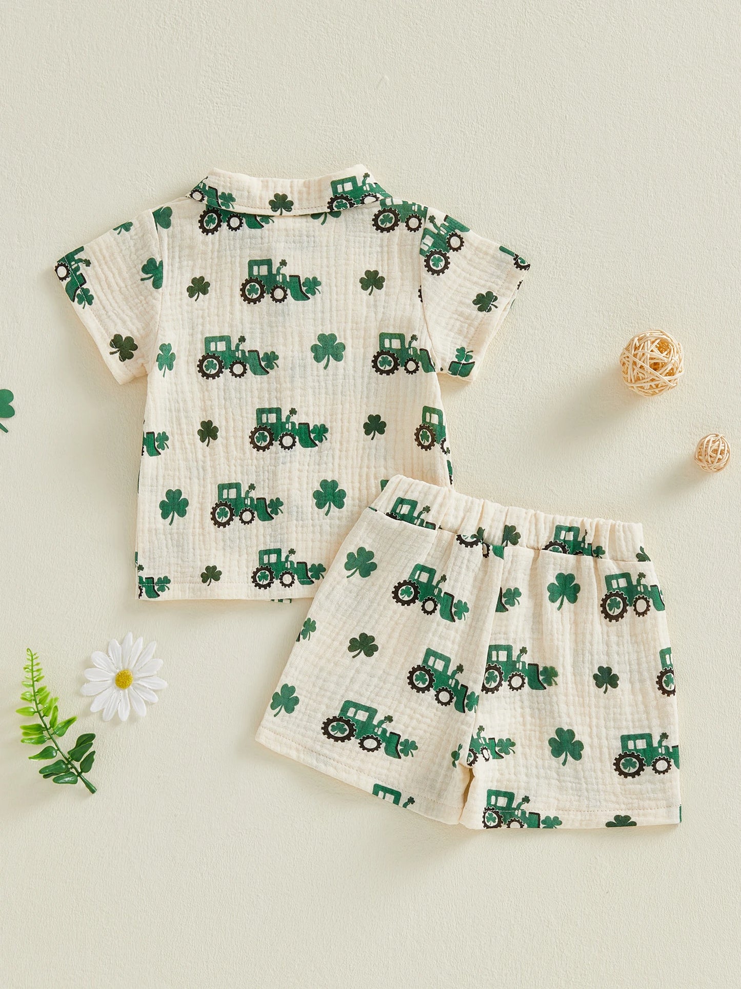 Baby Toddler Boy 2Pcs St. Patrick's Day Outfits Clover Truck Print Short Sleeve Lapel Button Down Shirt and Shorts Spring Set