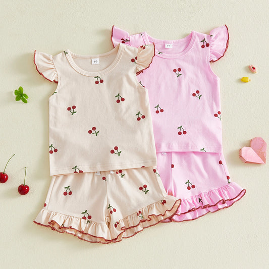 Baby Toddler Girls 2Pcs Outfits Adorable Cherry Print Flying Sleeve Round Neck Top and Shorts Set