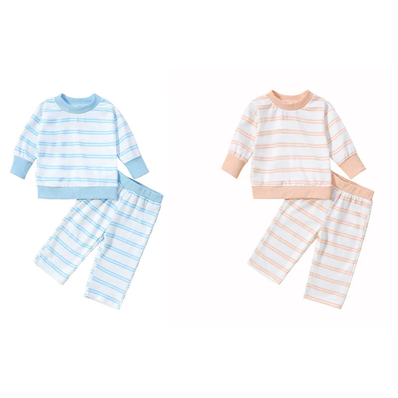 Baby Toddler Boys Girls 2Pcs Fall Outfit Stripes Print Long Sleeve Top and Elastic Pants Set