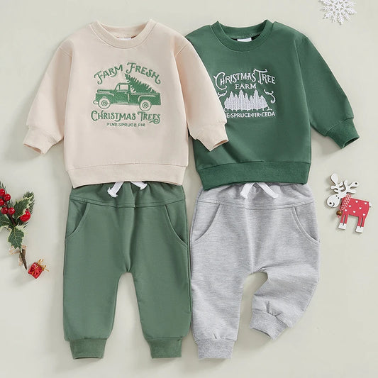 Baby Toddler Boy 2Pcs Farm Fresh Christmas Trees Outfit Letter Truck Embroidery Long Sleeve Crewneck Top and Elastic Waist Pants Jogger Set