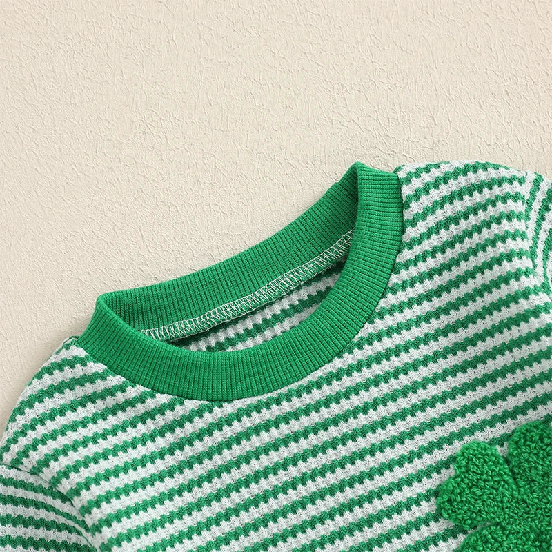 Baby Girls Boys St. Patrick's Day Romper Striped Four Leaf Clover Shamrock Waffle Long Sleeve Round Neck Jumpsuit