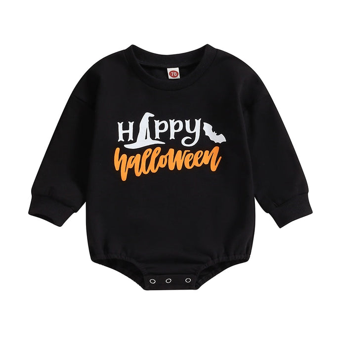 Baby Boy Girl Halloween Bodysuit Boo Long Sleeve Round Neck Bat Letter Print Jumpsuit Romper