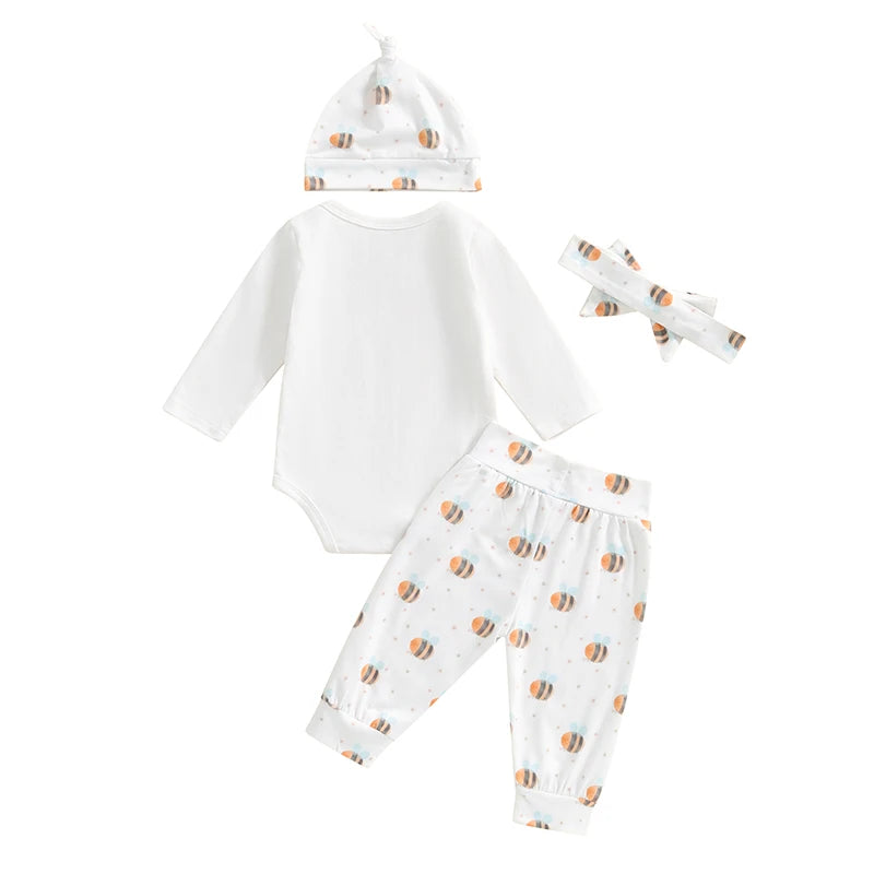 Baby Boys Girls 4Pcs Clothing Set Could I Bee Any Cuter Print Long Sleeve Romper with Pants Headband Hat Outfit