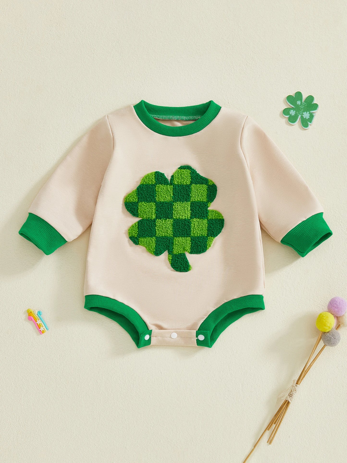Baby Boys Girls St.Patricks Day Romper Long Sleeve Round Neck Shamrock Embroidery Bodysuit Playsuit