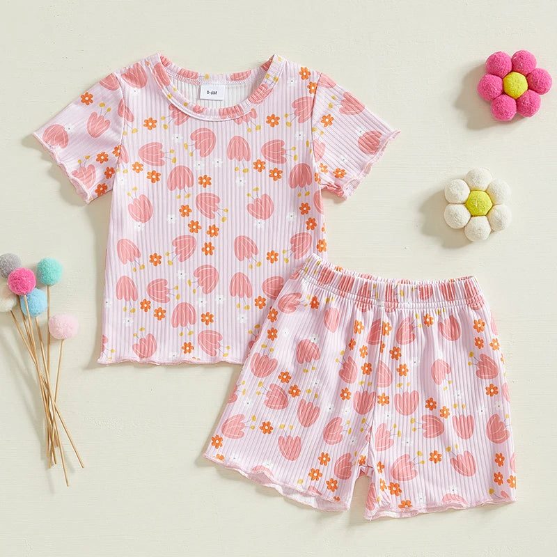 Baby Toddler Girls 2Pcs Ribbed Shorts Set Bow Heart Print Short Sleeve Round Neck Top Elastic Waistband Shorts