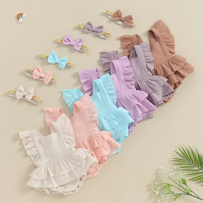 Baby Girls 2Pcs Romper Dress Solid Color Fly Sleeve Skirt Hem Tank Top Bodysuit Summer Clothes with Headband Set