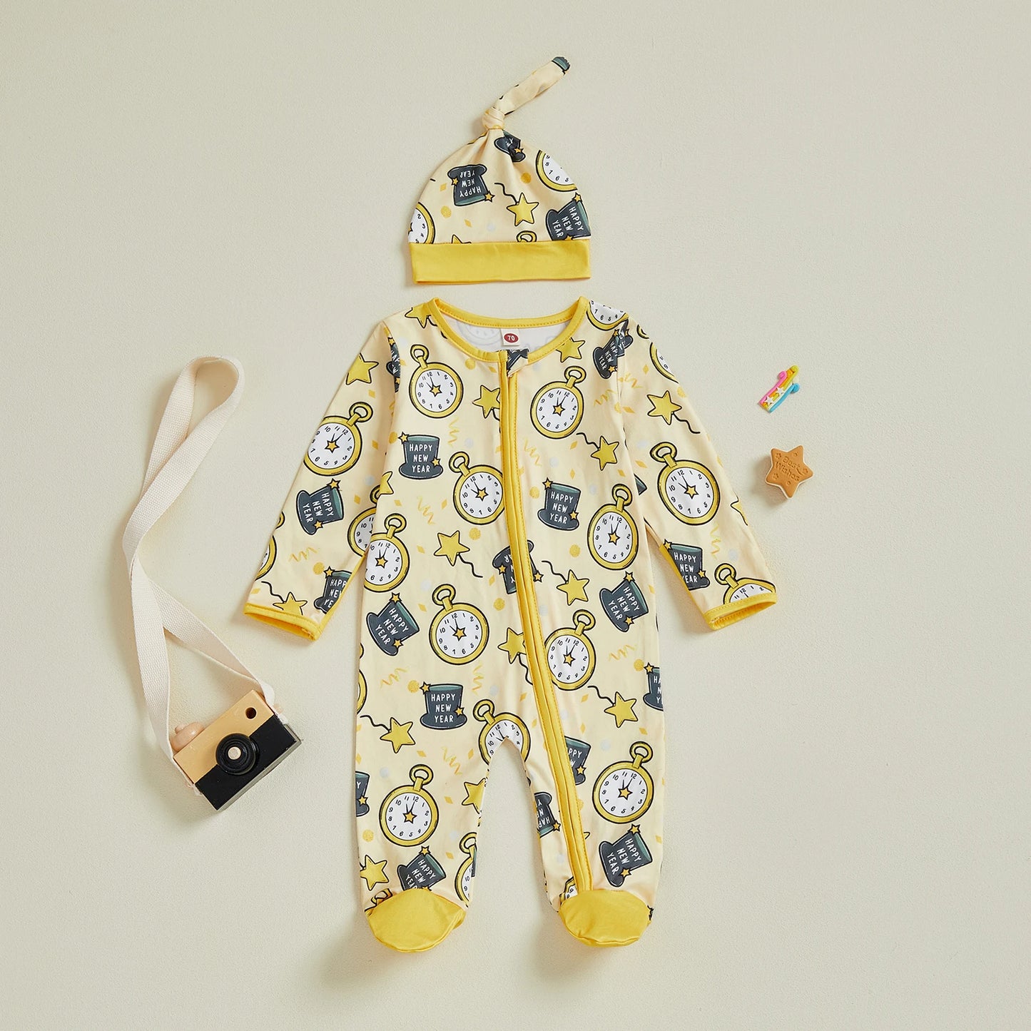 Baby Boy Girl 2Pcs Happy New Year Outfits Cute Long Sleeve Round Neck Hat Clock Print Footed Jumpsuit and Hat Set