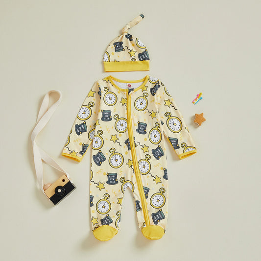 Baby Boy Girl 2Pcs Happy New Year Outfits Cute Long Sleeve Round Neck Hat Clock Print Footed Jumpsuit and Hat Set