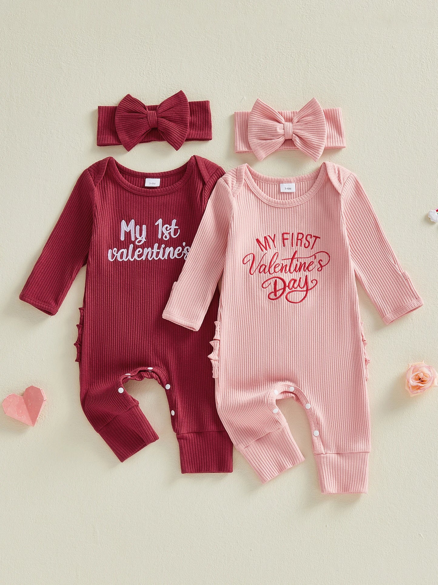 Baby Girls 2Pcs My 1st Valentine's Outfit Letter Embroidered Long Sleeve Romper and Bow Headband Set