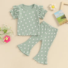 Load image into Gallery viewer, Baby Toddler Girls 2Pcs Clothes Set Flower Print Short Sleeve Crew Neck Top Frilly Sleeve with Flare Pants Set Outfit
