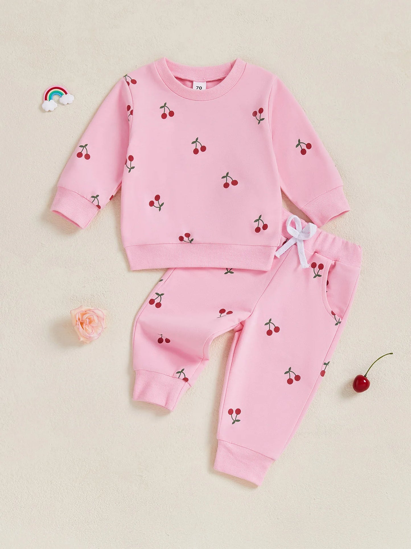 Baby Toddler Girl 2Pcs Winter Fall Outfit Cherry Print Long Sleeve Top Elastic Waist Joggers 2 Piece Jogger Set