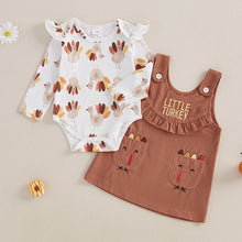 Load image into Gallery viewer, Baby Girls 2Pcs Outfit Thanksgiving Little Turkey Letters Print Long Sleeve Romper and Overalls Dress Fall Set
