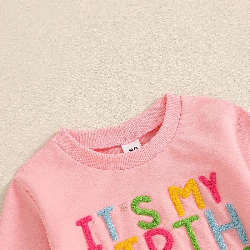 Baby Toddler Kids Girls It's My Birthday Outfit Letter Embroidery Long Sleeve Crew Neck Pullover Top with Solid Long Pants Jogger Set