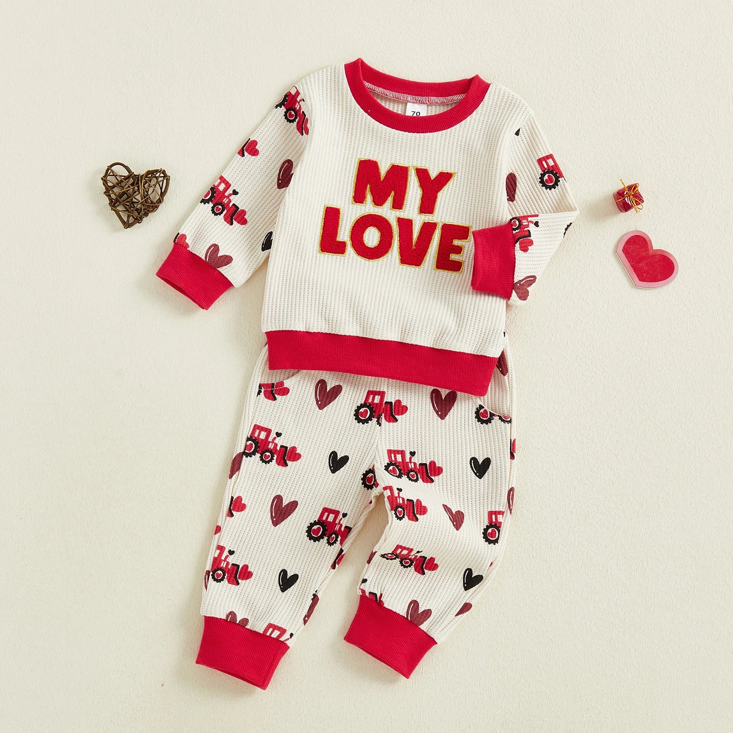 Baby Toddler Boy 2Pcs MY LOVE Valentine's Outfit Letter Embroidery Long Sleeve Crew Neck Pullover Top and Joggers Pants Set