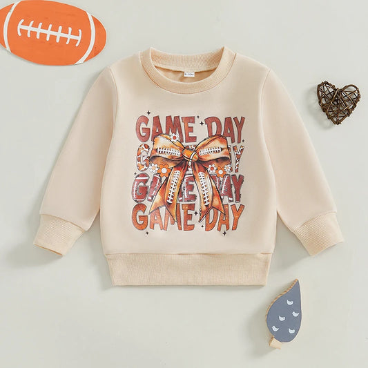 Baby Toddler Girls Game Day Fall Football Bow Letter Print Crew Neck Long Sleeve Pullover Top