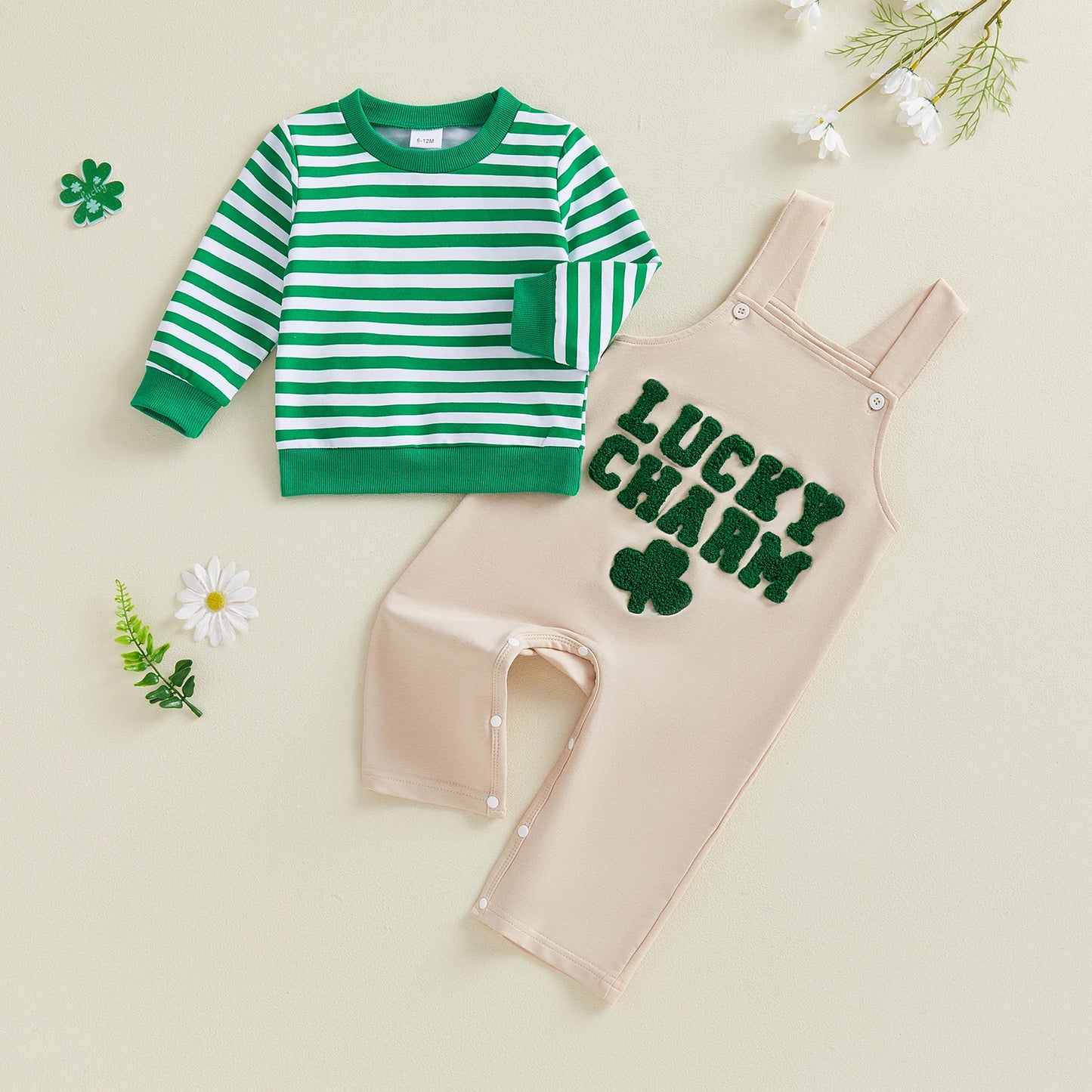 Baby Toddler Boys 2Pcs Spring Outfit Lucky Charm Long Sleeve Top and Shamrock Embroidery Overalls Set Clothes