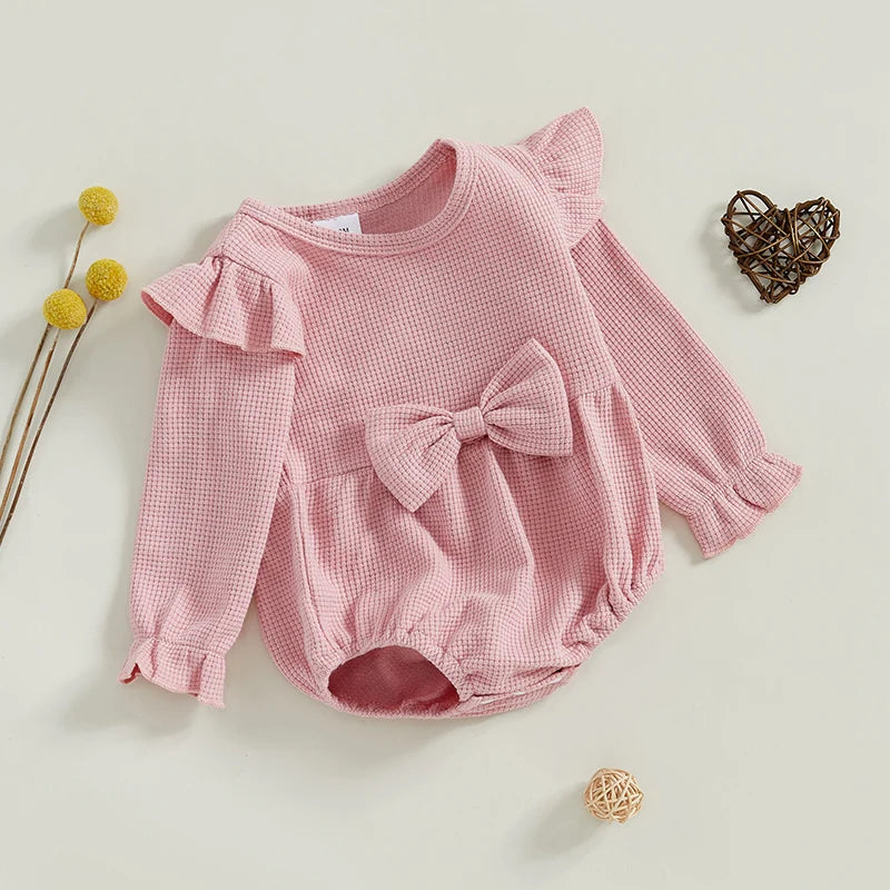 Baby Girls Romper Long Sleeve Crew Neck Bow Ruffle Bodysuit