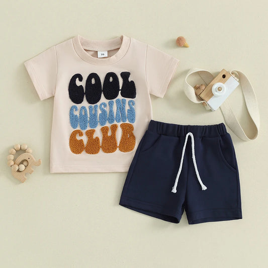 Toddler Kids Baby Boy Girl 2Pcs Summer Clothes Cool Cousins Club Short Sleeve Top with Shorts Set Outfit Family Matching