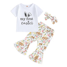 Load image into Gallery viewer, Toddler Baby Girl 3Pcs Easter Outfits Letter Print My First Easter Short Sleeve T-Shirt Top Bunny Bell Bottom Pants Headband Bow Set
