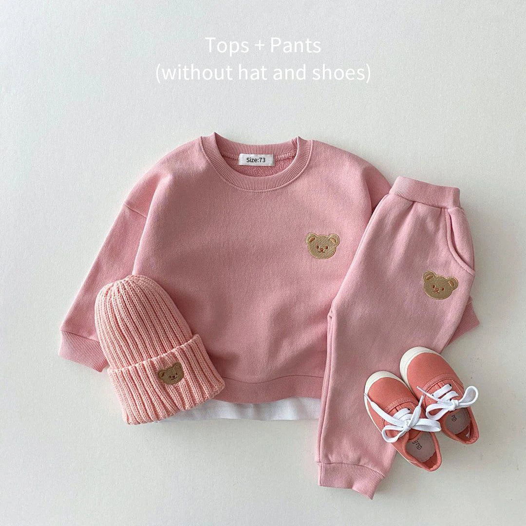 Baby Toddler Girls Boys 2Pcs Jogger Set Long Sleeve Bear Embroidery Top with Pants Outfit