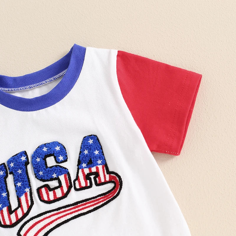 Baby Toddler Boys USA 4th of July Outfit Letter Embroidery Short Sleeve Top with Stripe Shorts for Independence Day Set