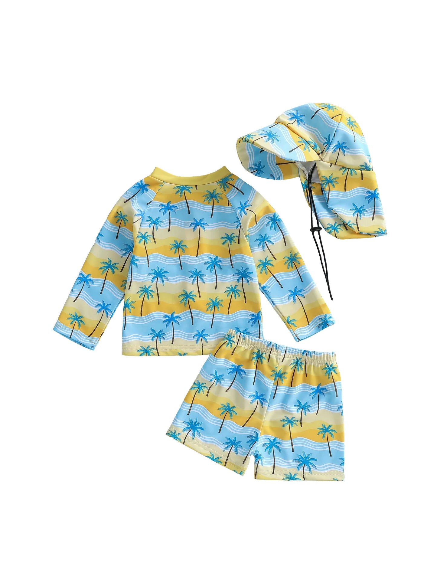 Baby Toddler Boys 3Pcs Rash Guard Swimsuit Set Palm Tree Print Long Sleeve Round Neck Top and Shorts Hat Set