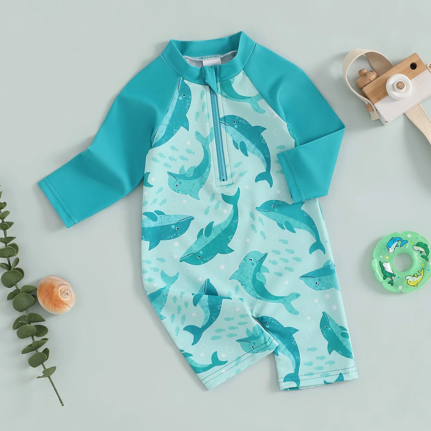Baby Toddler Boys Girls Rash Guard Swimwear Animal/Floral/Tree Print Long Sleeve Mock Neck Zip Bathing Suit