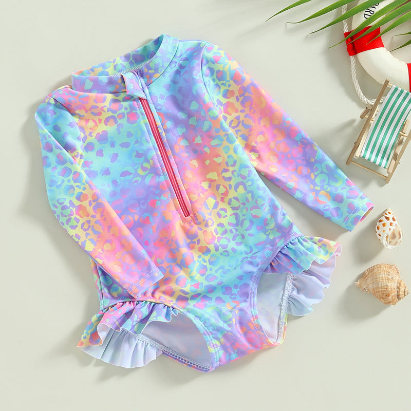 Baby Toddler Kids Girl Swimsuit Fish Scale Print Ruffles Long Sleeve Zipper Jumpsuit Swimwear Beachwear Romper